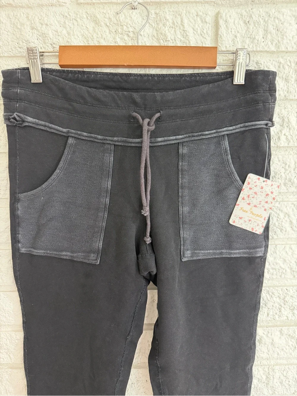 Free People Kyoto Black Washed Drawstring Patch-Pocket Leggings